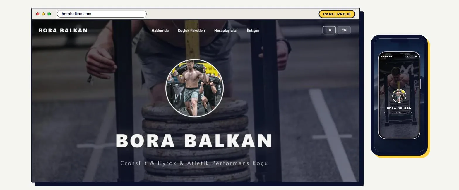 Bora Balkan CrossFit koçluğu web sitesi masaüstü ve mobil mockup görünümü