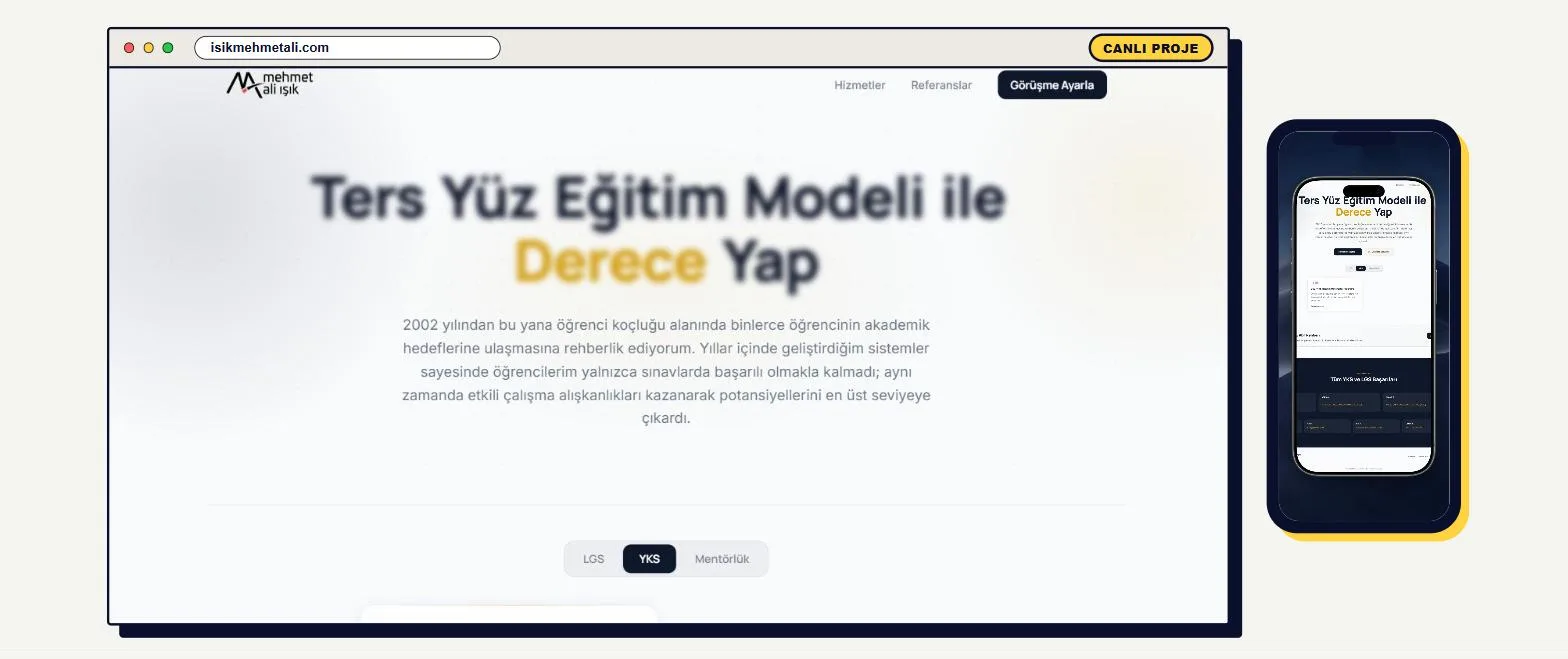 Mehmet Ali Işık matematik özel ders web sitesi masaüstü ve mobil mockup görünümü