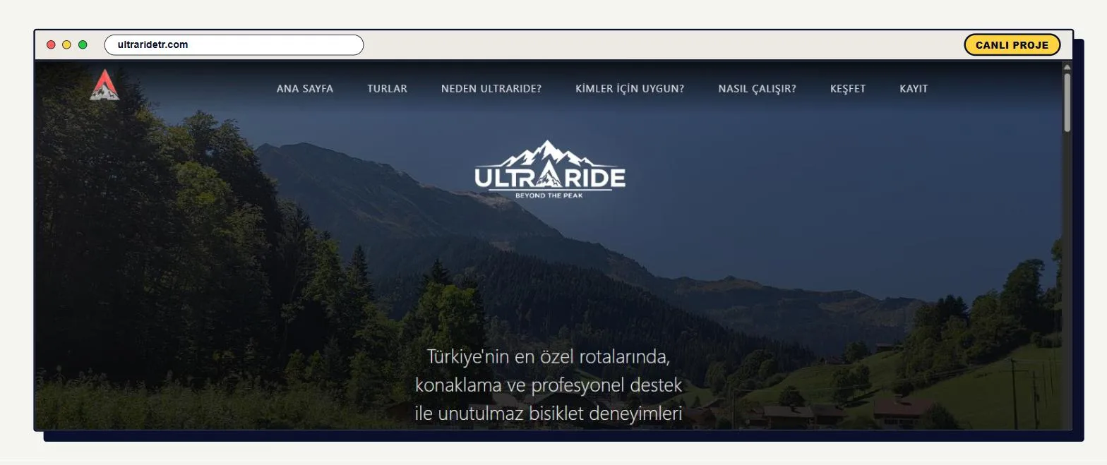 Ultraride bisiklet turları web sitesi masaüstü mockup görünümü