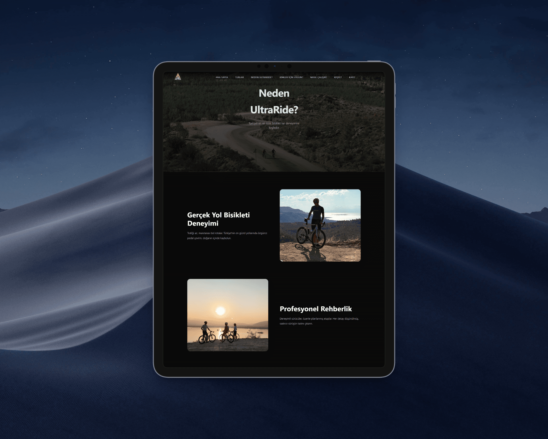 Ultraride bisiklet turları web sitesi tablet görünümü