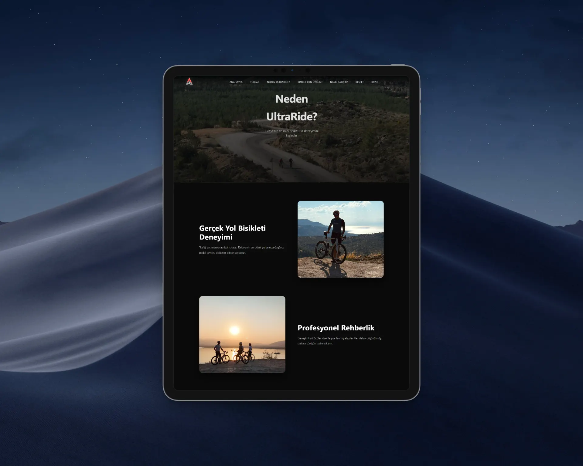 Ultraride bisiklet turları web sitesi tablet görünümü